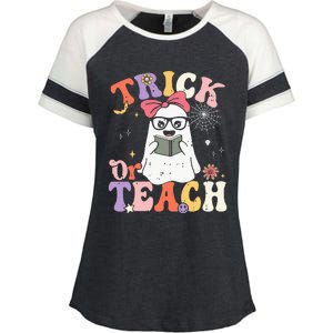 Groovy Halloween Trick Or Teach Retro Floral Ghost Teacher Enza Ladies Jersey Colorblock Tee