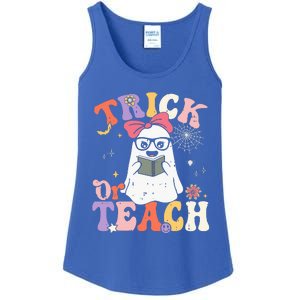 Groovy Halloween Trick Or Teach Retro Floral Ghost Teacher Ladies Essential Tank