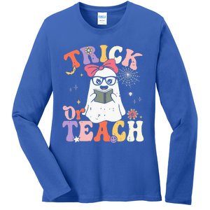 Groovy Halloween Trick Or Teach Retro Floral Ghost Teacher Ladies Long Sleeve Shirt