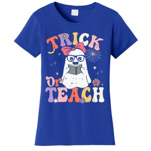 Groovy Halloween Trick Or Teach Retro Floral Ghost Teacher Women's T-Shirt