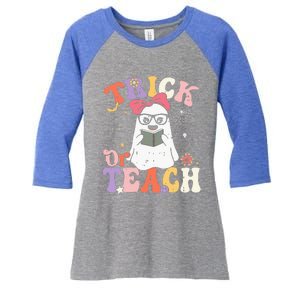 Groovy Halloween Trick Or Teach Retro Floral Ghost Teacher Women's Tri-Blend 3/4-Sleeve Raglan Shirt