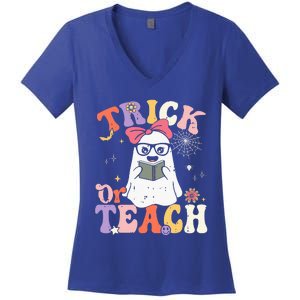 Groovy Halloween Trick Or Teach Retro Floral Ghost Teacher Women's V-Neck T-Shirt