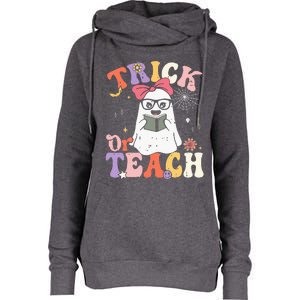 Groovy Halloween Trick Or Teach Retro Floral Ghost Teacher Womens Funnel Neck Pullover Hood