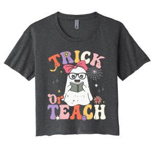 Groovy Halloween Trick Or Teach Retro Floral Ghost Teacher Women's Crop Top Tee