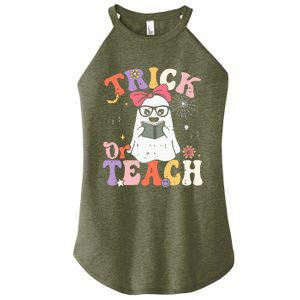 Groovy Halloween Trick Or Teach Retro Floral Ghost Teacher Women's Perfect Tri Rocker Tank