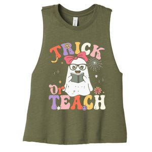 Groovy Halloween Trick Or Teach Retro Floral Ghost Teacher Women's Racerback Cropped Tank