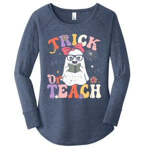 Groovy Halloween Trick Or Teach Retro Floral Ghost Teacher Women's Perfect Tri Tunic Long Sleeve Shirt