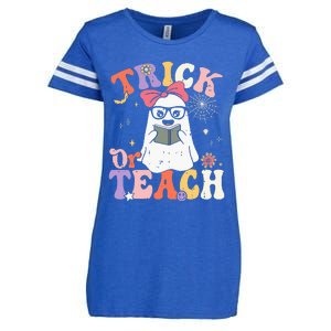 Groovy Halloween Trick Or Teach Retro Floral Ghost Teacher Enza Ladies Jersey Football T-Shirt