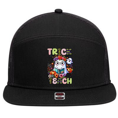 Groovy Halloween Trick Or Teach Retro Floral Ghost Teacher 7 Panel Mesh Trucker Snapback Hat