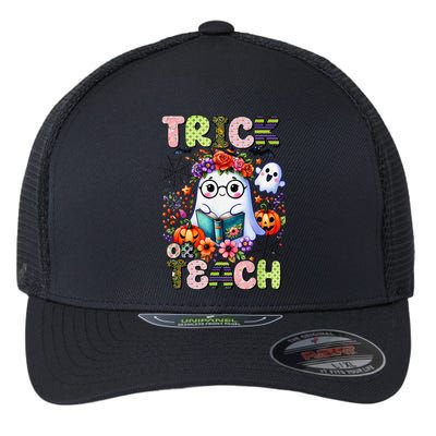 Groovy Halloween Trick Or Teach Retro Floral Ghost Teacher Flexfit Unipanel Trucker Cap