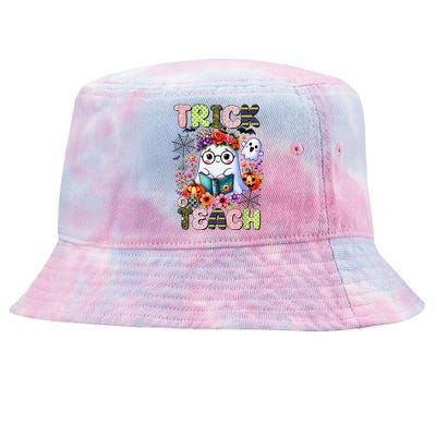 Groovy Halloween Trick Or Teach Retro Floral Ghost Teacher Tie-Dyed Bucket Hat