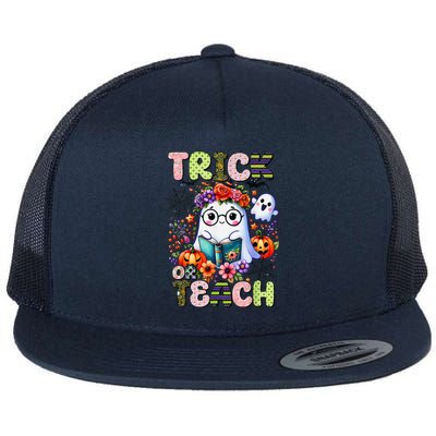 Groovy Halloween Trick Or Teach Retro Floral Ghost Teacher Flat Bill Trucker Hat