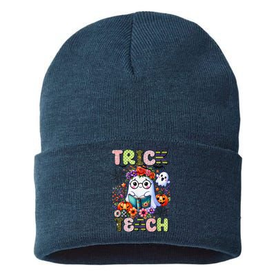 Groovy Halloween Trick Or Teach Retro Floral Ghost Teacher Sustainable Knit Beanie