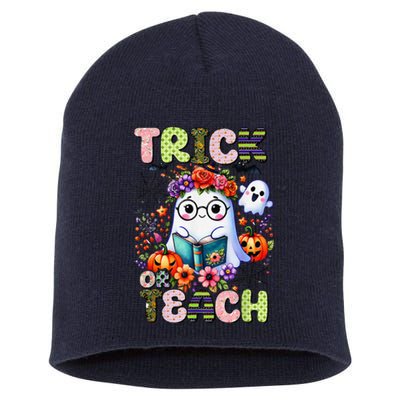 Groovy Halloween Trick Or Teach Retro Floral Ghost Teacher Short Acrylic Beanie