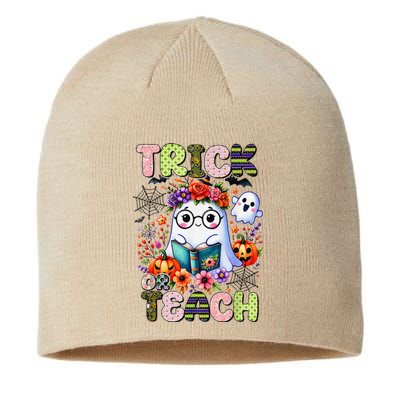 Groovy Halloween Trick Or Teach Retro Floral Ghost Teacher Sustainable Beanie