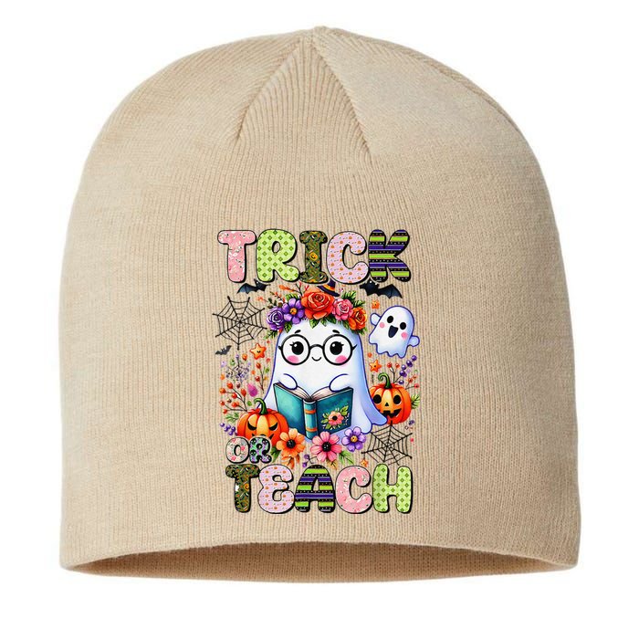 Groovy Halloween Trick Or Teach Retro Floral Ghost Teacher Sustainable Beanie