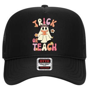 Groovy Halloween Trick Or Teach Retro Floral Ghost Teacher High Crown Mesh Back Trucker Hat