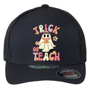 Groovy Halloween Trick Or Teach Retro Floral Ghost Teacher Flexfit Unipanel Trucker Cap