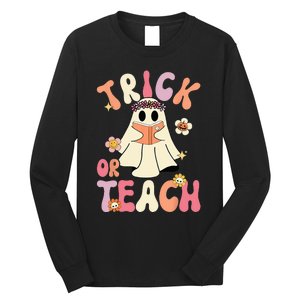 Groovy Halloween Trick Or Teach Retro Floral Ghost Teacher Long Sleeve Shirt