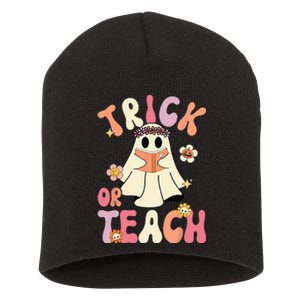 Groovy Halloween Trick Or Teach Retro Floral Ghost Teacher Short Acrylic Beanie