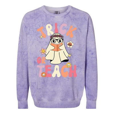 Groovy Halloween Trick or Teach Retro Floral Ghost Teacher Colorblast Crewneck Sweatshirt