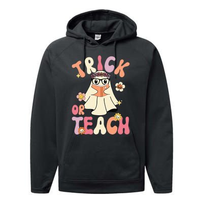 Groovy Halloween Trick or Teach Retro Floral Ghost Teacher Performance Fleece Hoodie