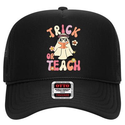 Groovy Halloween Trick or Teach Retro Floral Ghost Teacher High Crown Mesh Back Trucker Hat