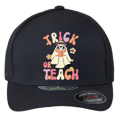 Groovy Halloween Trick or Teach Retro Floral Ghost Teacher Flexfit Unipanel Trucker Cap