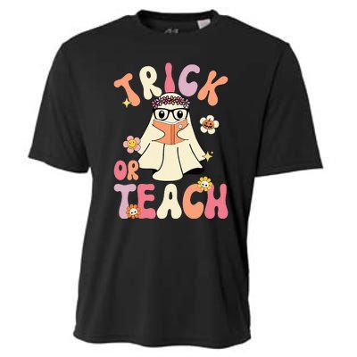 Groovy Halloween Trick or Teach Retro Floral Ghost Teacher Cooling Performance Crew T-Shirt