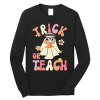 Groovy Halloween Trick or Teach Retro Floral Ghost Teacher Long Sleeve Shirt