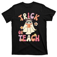 Groovy Halloween Trick or Teach Retro Floral Ghost Teacher T-Shirt