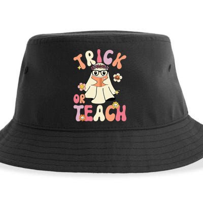 Groovy Halloween Trick or Teach Retro Floral Ghost Teacher Sustainable Bucket Hat