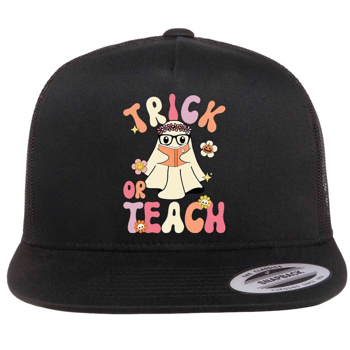 Groovy Halloween Trick or Teach Retro Floral Ghost Teacher Flat Bill Trucker Hat