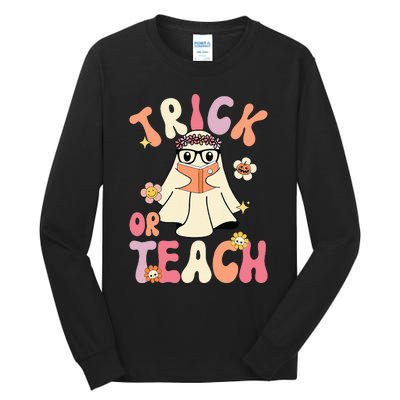 Groovy Halloween Trick or Teach Retro Floral Ghost Teacher Tall Long Sleeve T-Shirt