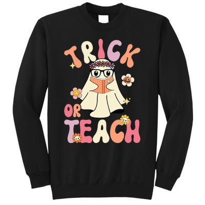 Groovy Halloween Trick or Teach Retro Floral Ghost Teacher Tall Sweatshirt