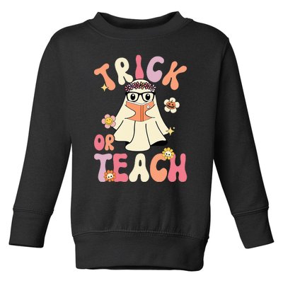 Groovy Halloween Trick or Teach Retro Floral Ghost Teacher Toddler Sweatshirt