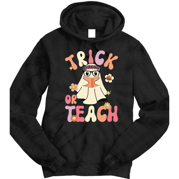 Groovy Halloween Trick or Teach Retro Floral Ghost Teacher Tie Dye Hoodie