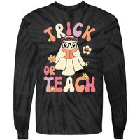 Groovy Halloween Trick or Teach Retro Floral Ghost Teacher Tie-Dye Long Sleeve Shirt