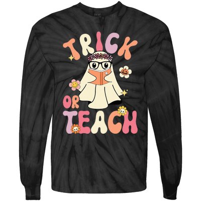 Groovy Halloween Trick or Teach Retro Floral Ghost Teacher Tie-Dye Long Sleeve Shirt