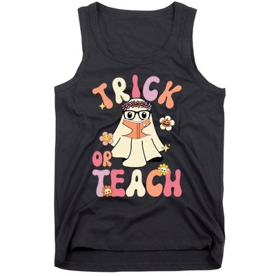 Groovy Halloween Trick or Teach Retro Floral Ghost Teacher Tank Top