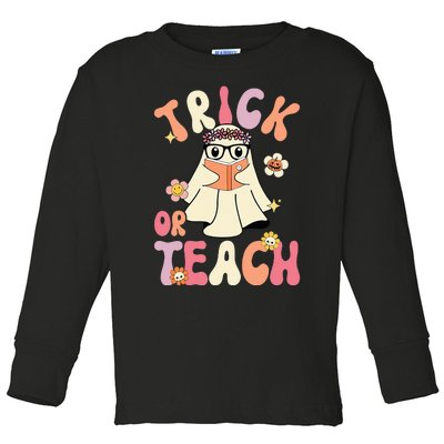 Groovy Halloween Trick or Teach Retro Floral Ghost Teacher Toddler Long Sleeve Shirt