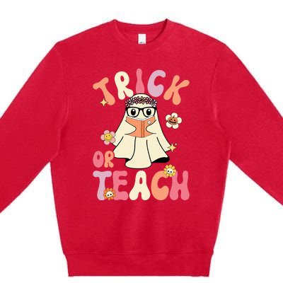 Groovy Halloween Trick or Teach Retro Floral Ghost Teacher Premium Crewneck Sweatshirt