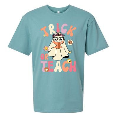 Groovy Halloween Trick or Teach Retro Floral Ghost Teacher Sueded Cloud Jersey T-Shirt