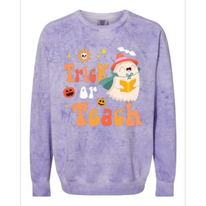 Groovy Halloween Trick Or Teach Floral Ghost Teacher Colorblast Crewneck Sweatshirt