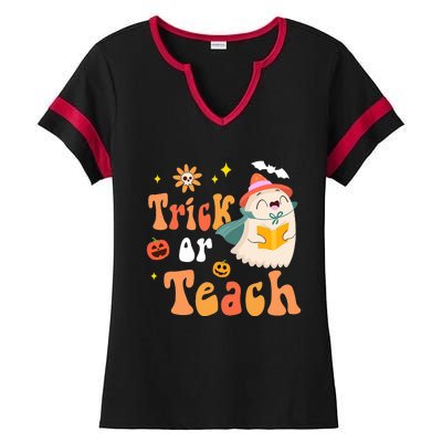 Groovy Halloween Trick Or Teach Floral Ghost Teacher Ladies Halftime Notch Neck Tee