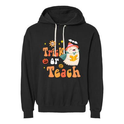 Groovy Halloween Trick Or Teach Floral Ghost Teacher Garment-Dyed Fleece Hoodie
