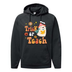 Groovy Halloween Trick Or Teach Floral Ghost Teacher Performance Fleece Hoodie