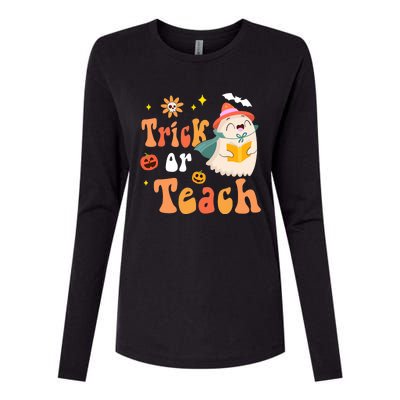 Groovy Halloween Trick Or Teach Floral Ghost Teacher Womens Cotton Relaxed Long Sleeve T-Shirt