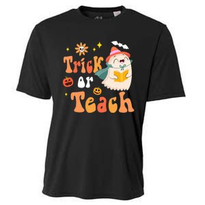 Groovy Halloween Trick Or Teach Floral Ghost Teacher Cooling Performance Crew T-Shirt