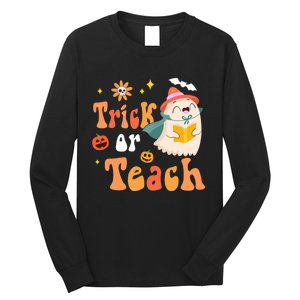 Groovy Halloween Trick Or Teach Floral Ghost Teacher Long Sleeve Shirt